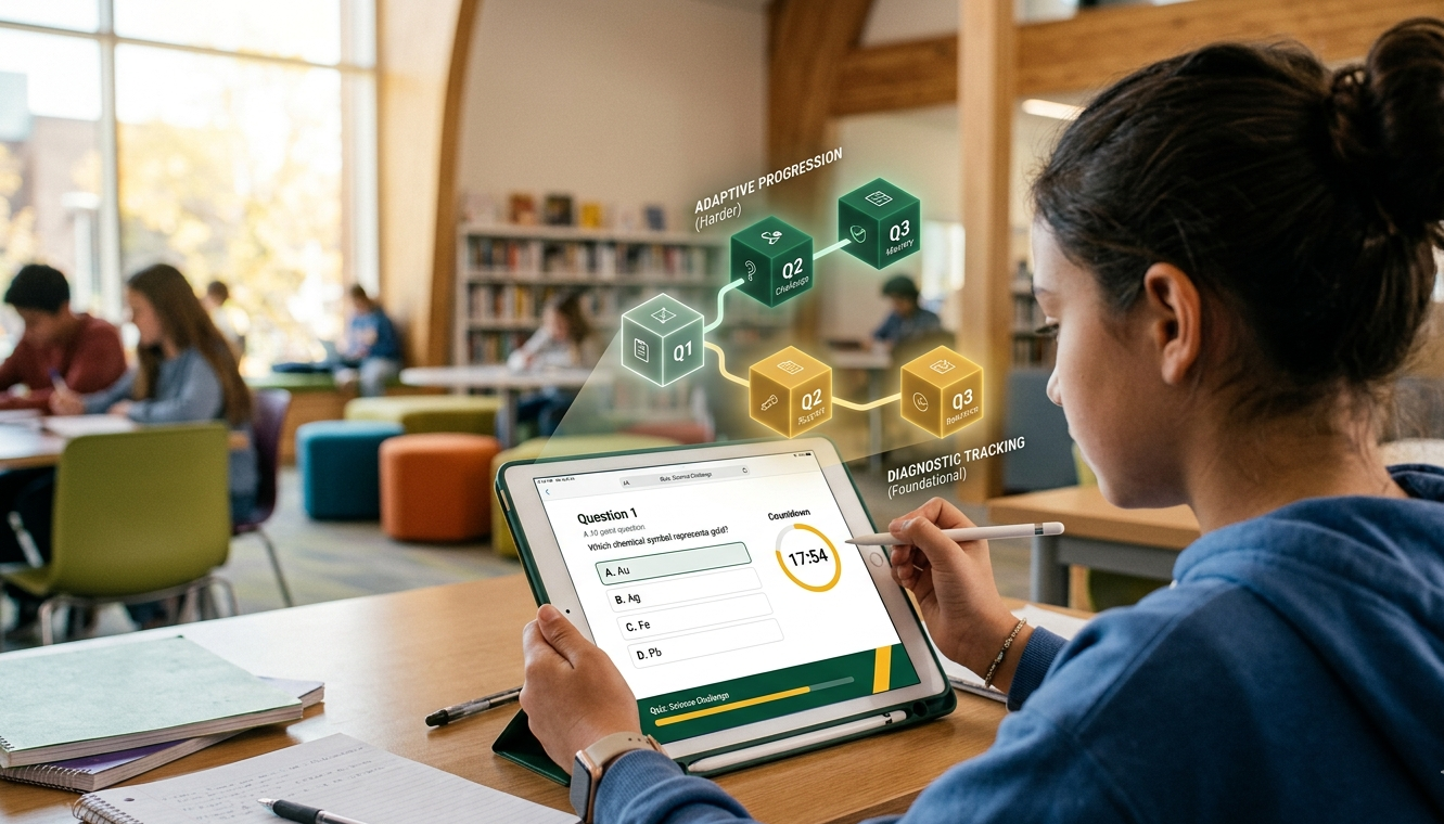 Student post-assessment dashboard with adaptive learning pathways on tablet
